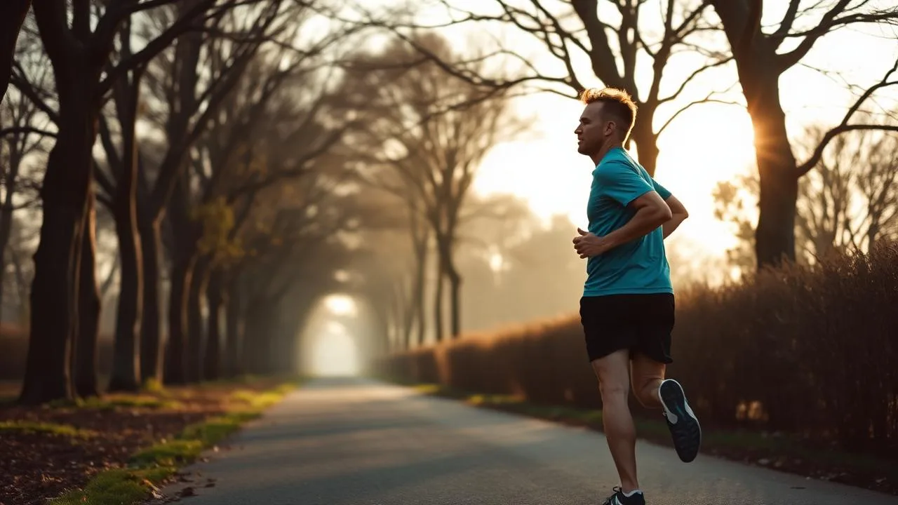 Adult jogging along a tree-lined path in golden early morning light
