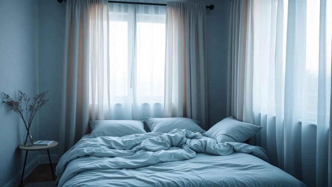 Calm, minimal bedroom with soft linen bedding in early morning light