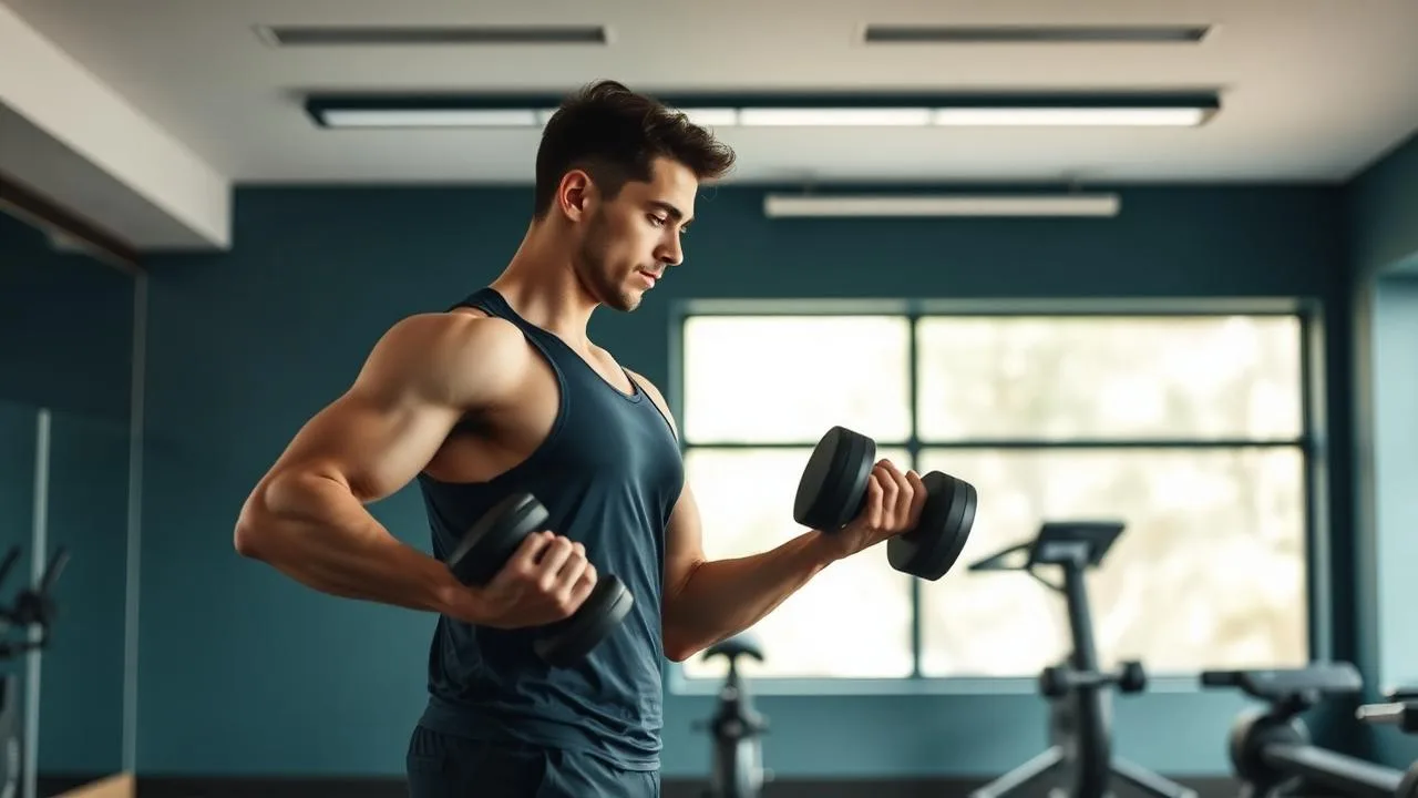 Adult performing a dumbbell strength exercise in a bright, modern gym