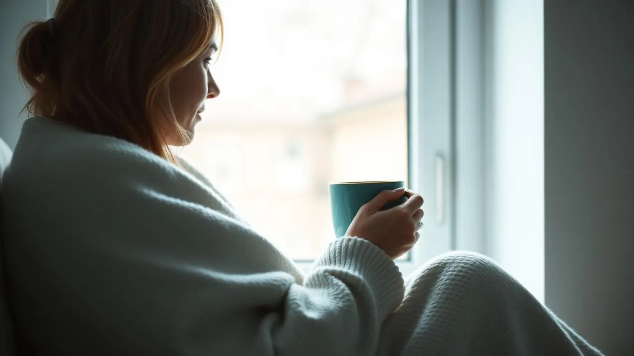 Person wrapped in a blanket holding a warm mug beside a bright window