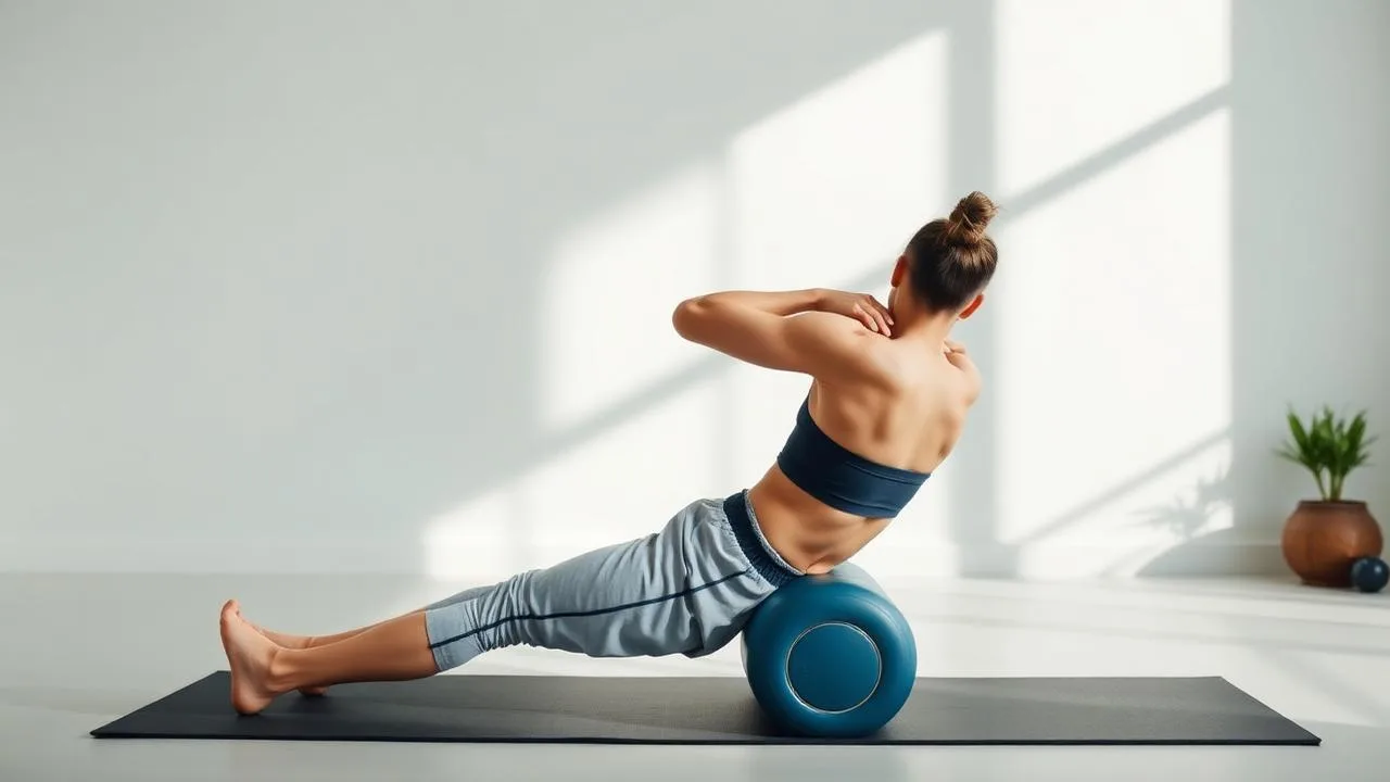 Athlete using a foam roller during a mobility and recovery session in a bright studio