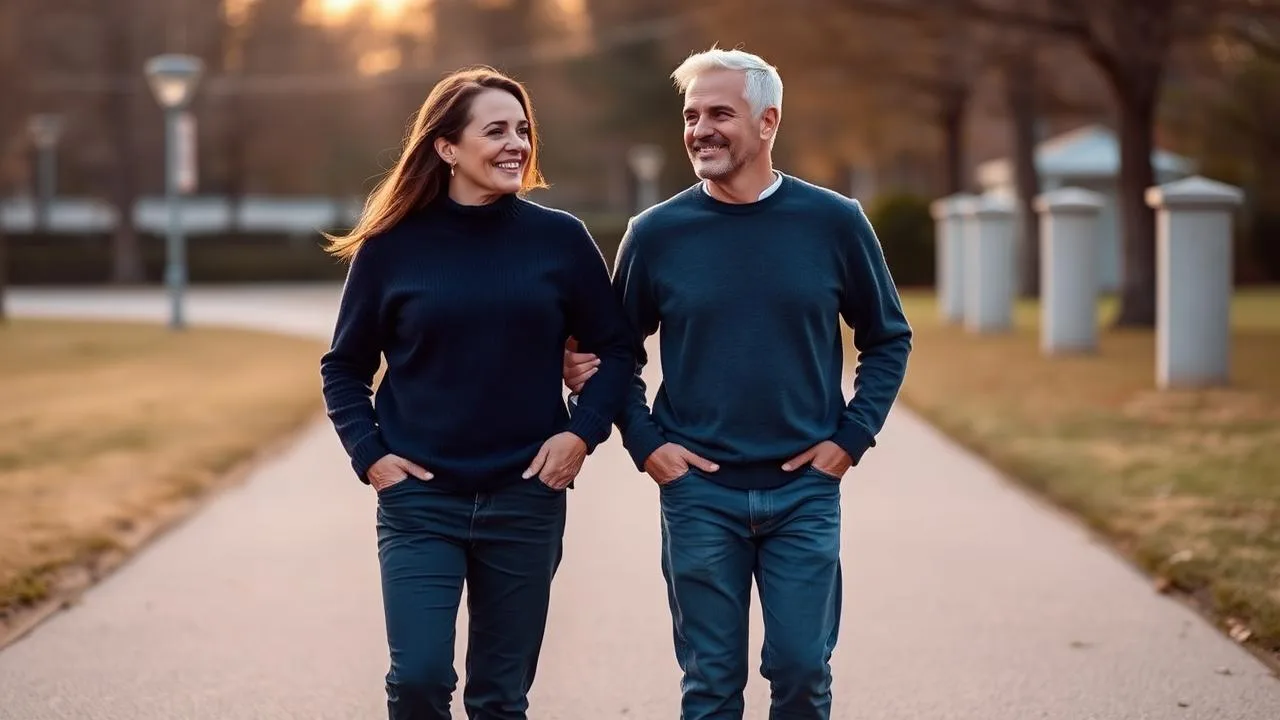 Relaxed couple walking together outdoors in soft evening light