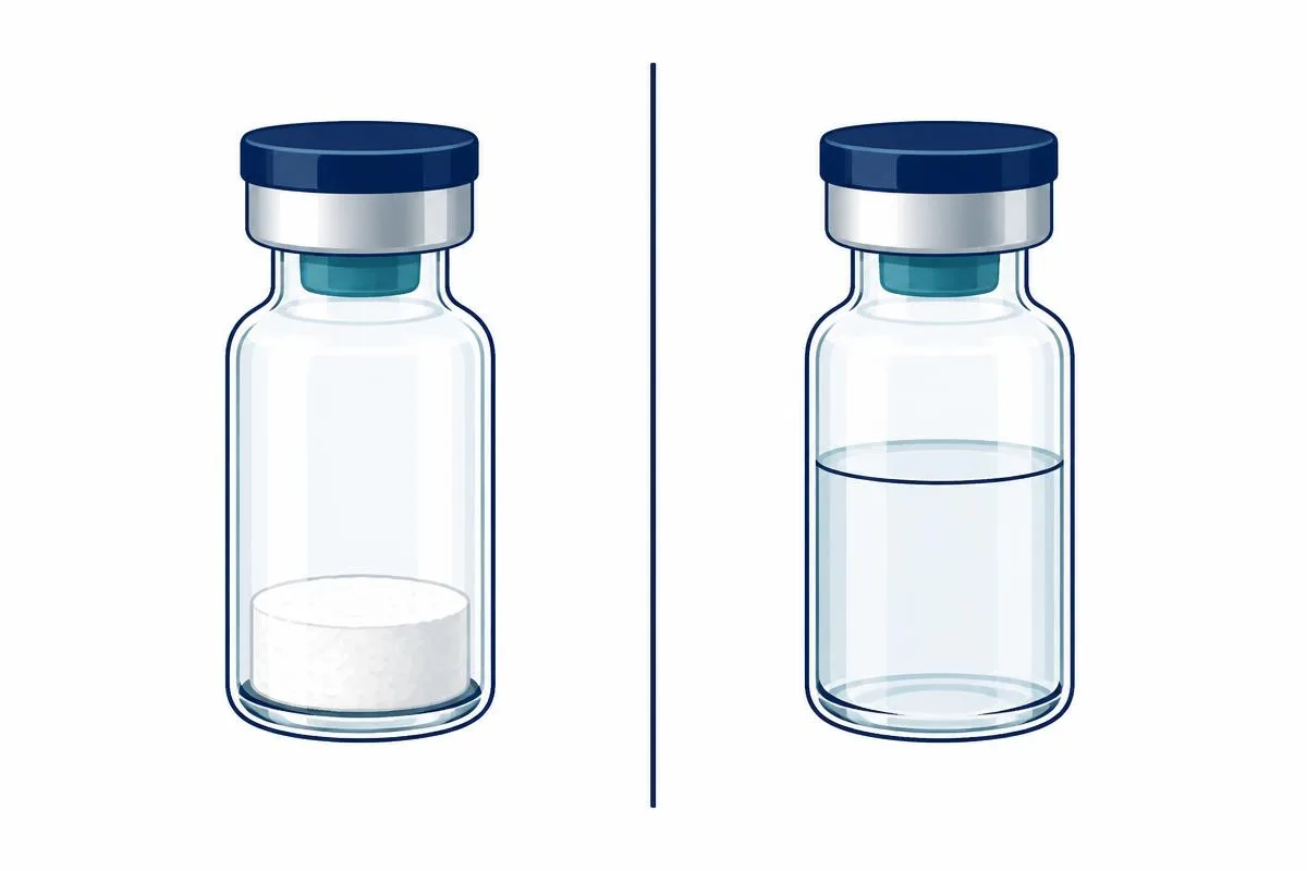 Side-by-side diagram of a vial of freeze-dried peptide powder next to a vial of pre-mixed liquid