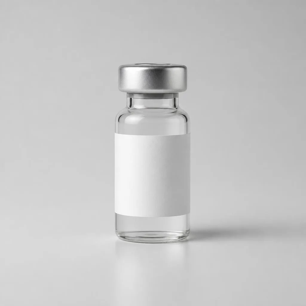 Retatrutide shown as a sealed single-dose glass vial with a silver crimp cap