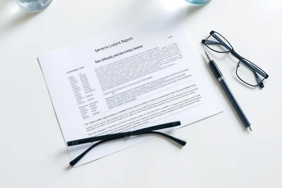 Laboratory analysis report document on a desk beside glasses and a pen