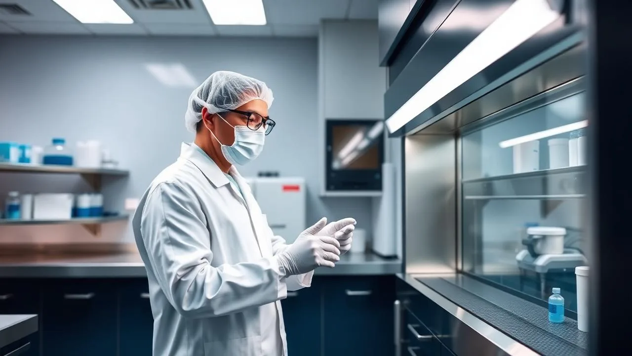 Pharmacist in sterile gown, mask and gloves working at a laminar flow hood in a compounding cleanroom