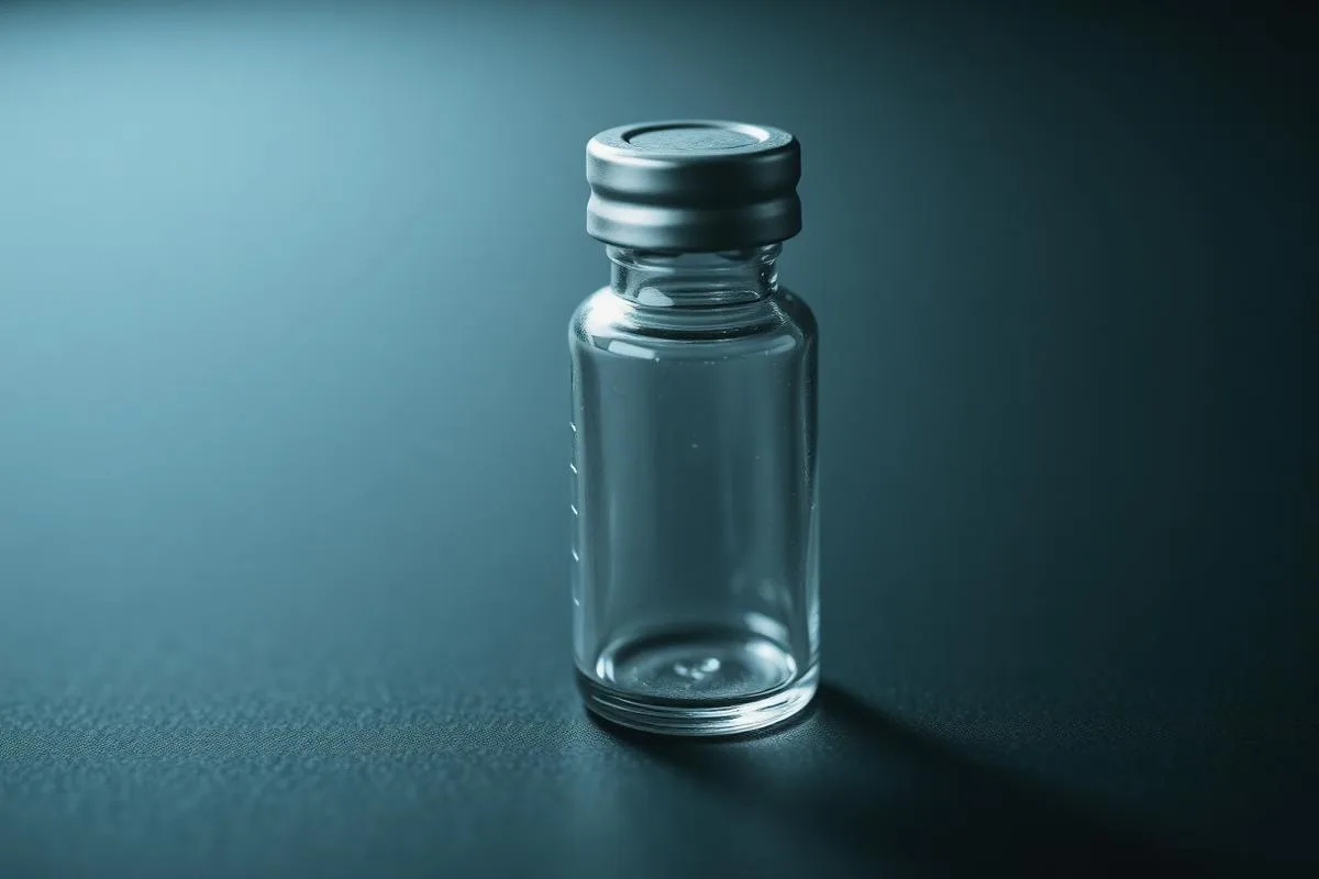 Macro photograph of a single sealed glass medication vial